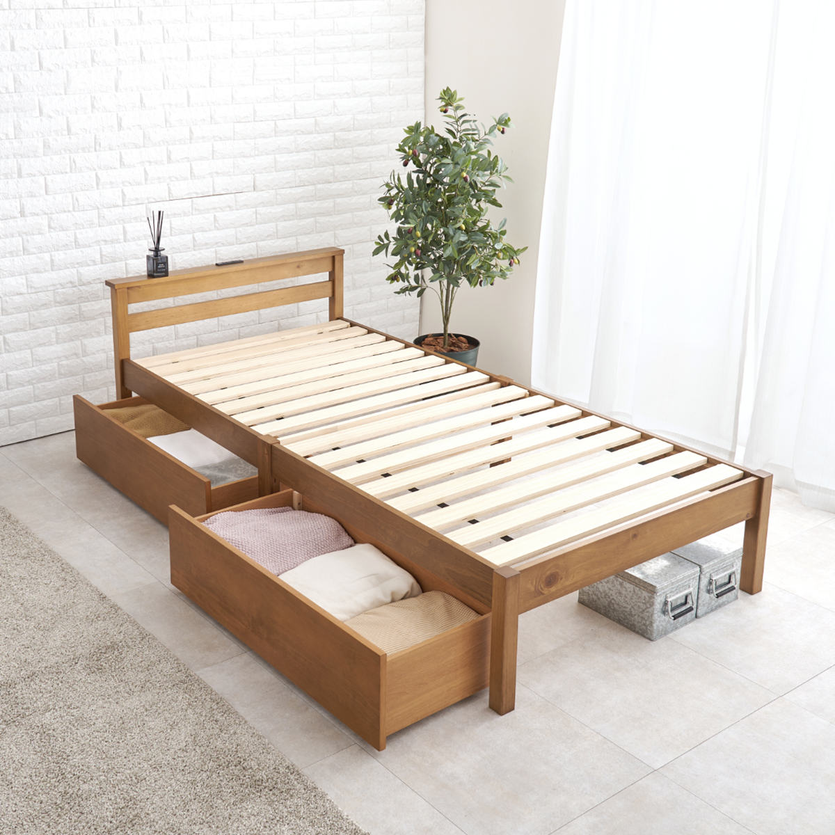 楽天市場】3分組立ベッド シングル 引出し収納 宮棚 2口コンセント