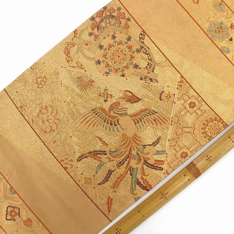 中古】 袋帯 リサイクル レディース 正絹 金 横段 正倉院遺宝文 鳳凰