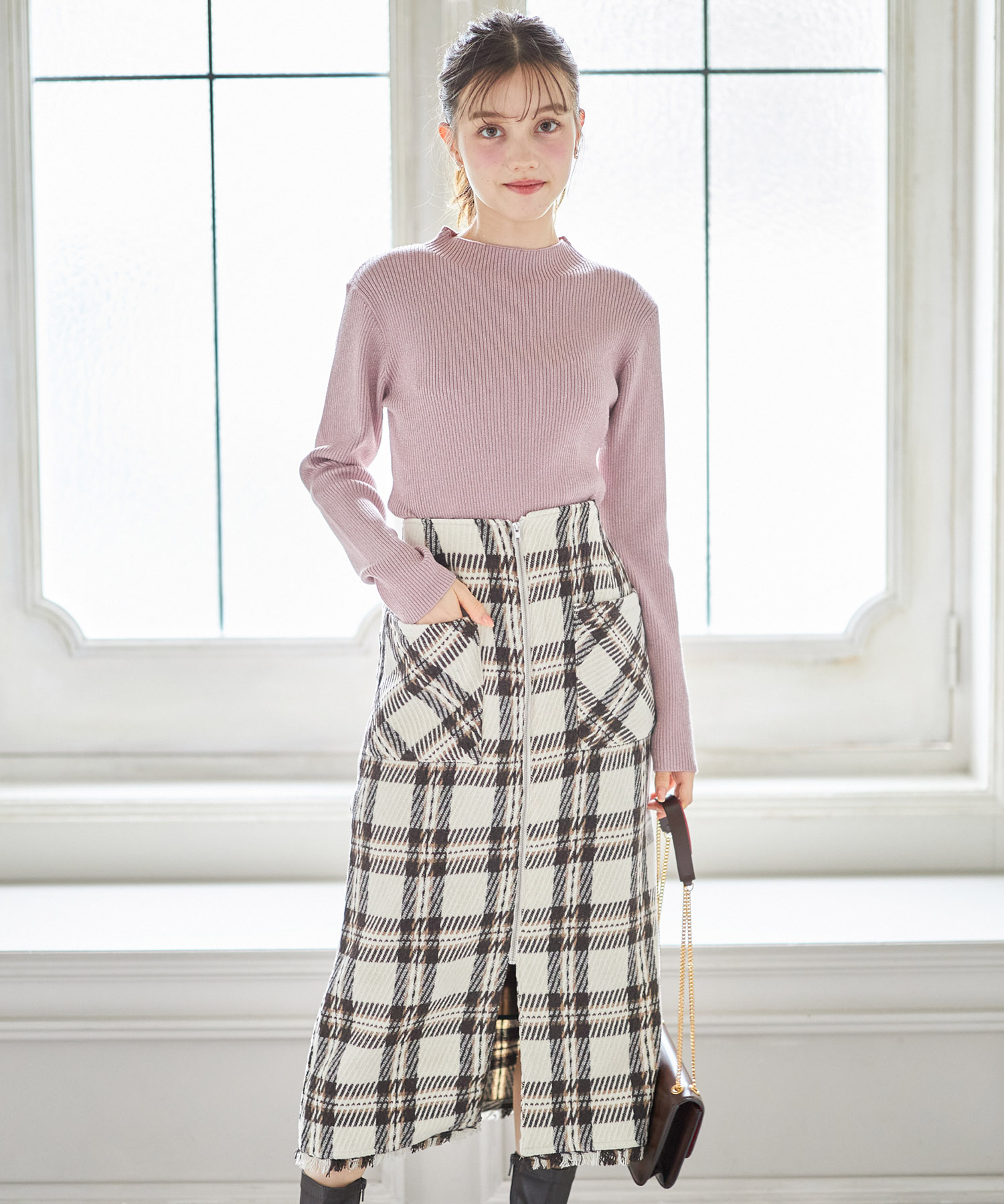 ポケット付きチェック柄フロントジップタイトスカート