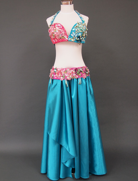 ベリーダンス衣装】ターコイズ×ピンクで可愛らしく高級感溢れる衣装
