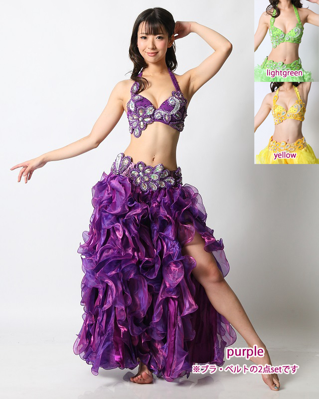 ベリーダンスコスチューム、発表会衣装（ブラ＆ベルト2点セット）(S-M