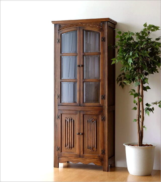 味のある大きな木枠のガラス戸棚引き出し4段食器棚水屋キャビネット古家具