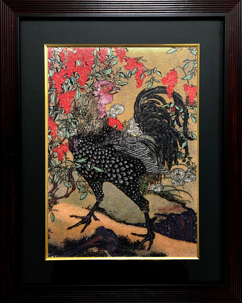 宝石画 天然石装飾の鶏のアート作品 希少品 宝石画 天然石装飾のアート