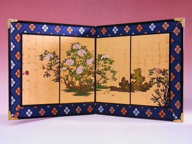 日本のおみやげ】◇屏風 小二曲（牡丹図）高級化粧箱入