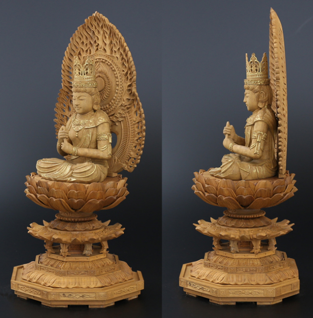 仏像 白檀 八角台座 大日如来 二重火炎光背 金泥書 2寸