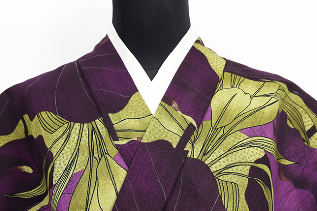 誉田屋源兵衛 浴衣(ゆかた) 綿麻 蓮華抄 紫×黄緑 ◇男女兼用