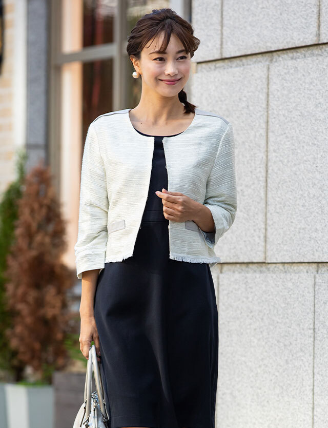 マタニティ授乳服 ノーカラー ラメ混 ツイードジャケット