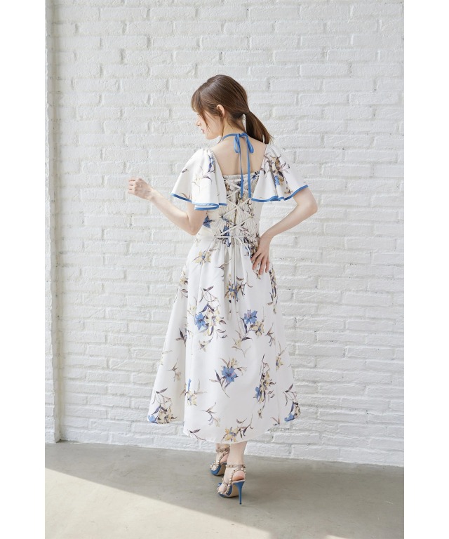 リリープリントフレアスリーブバックレースアップワンピース