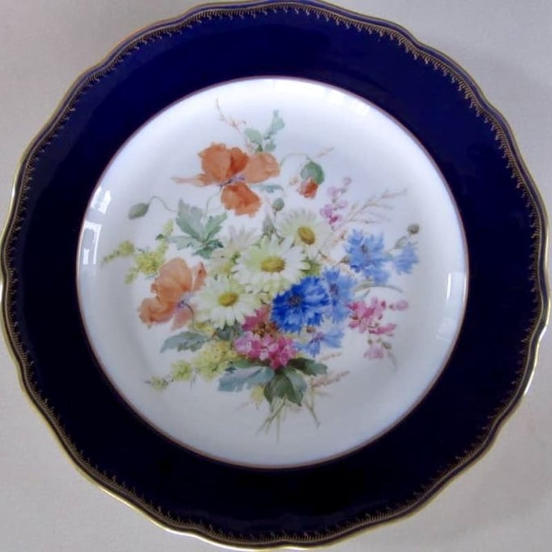 マイセンアンティーク 自然主義フラワーブーケ瑠璃金彩皿25