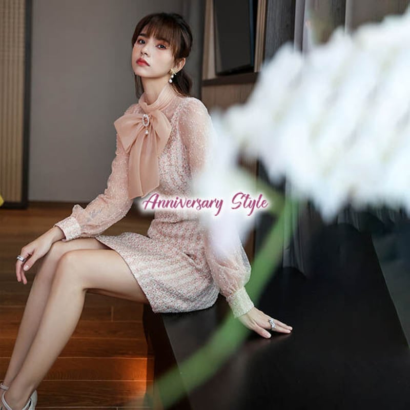 ツイードワンピ S-L ピンク ミニ 大人可愛い リボン シースルー袖 QKX