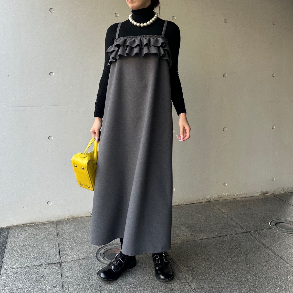 2-014 グレー W胸フリルワンピース ロング XL | capriciousmie