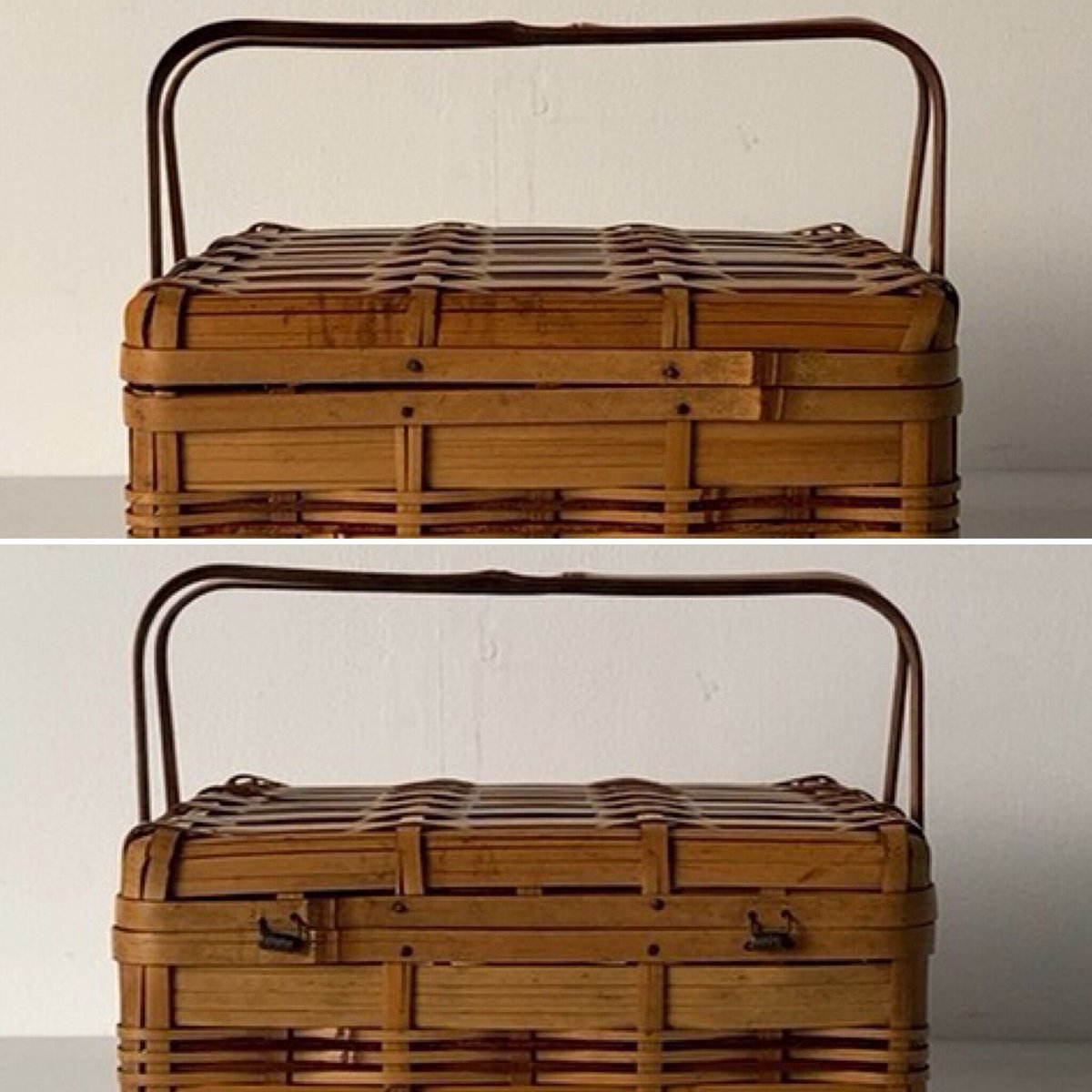 アンティーク 竹籠 蓋付 持ち手付 角物細工 竹細工 ピクニック
