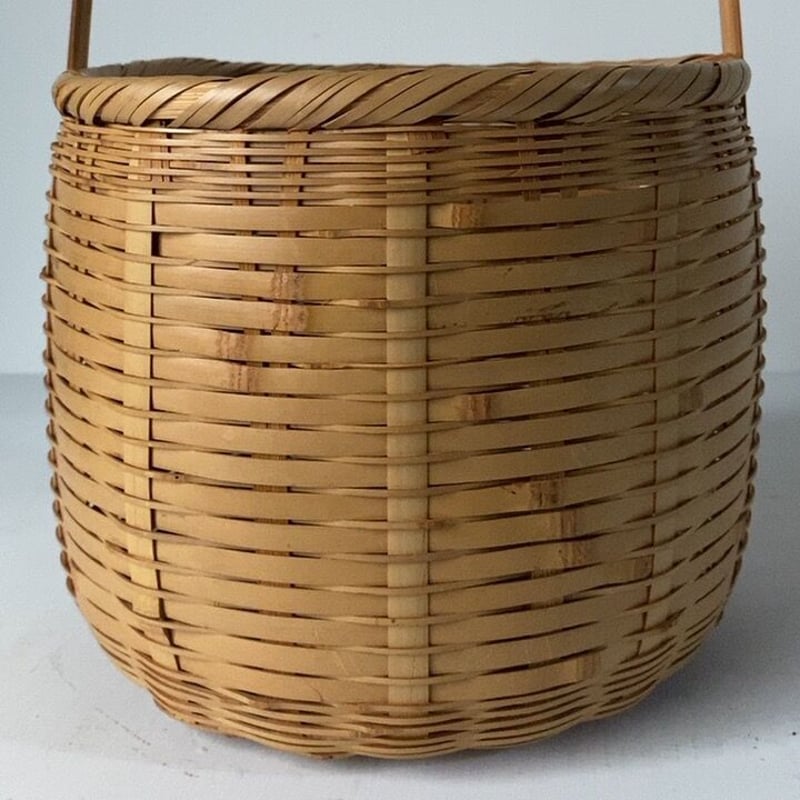 筒型持ち手付竹籠 22cm ワンハンドル竹編みかご 手提げカゴ 白木