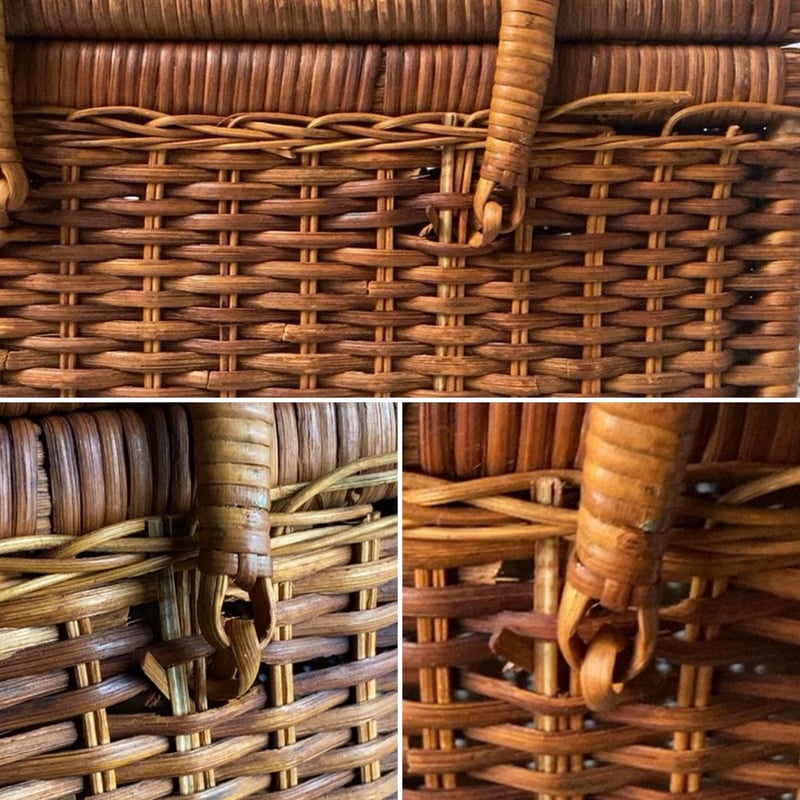 アンティーク 大正バスケット ラタン製蓋付き小型バスケット カゴ