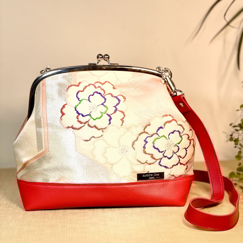 がま口ショルダーバッグ20cm／ピンク系の花模様／Clasp Shoulder Bag
