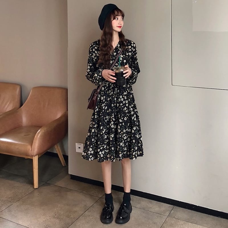 花柄 ワンピース ミニ丈 ミディ丈 ひざ丈 長袖 韓国ファッション
