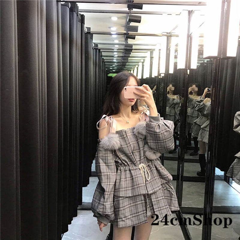 オフショルチェックミニワンピース 1079 | 可愛い服量産型服通販24cm
