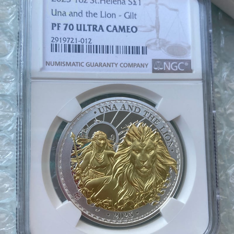 NGC鑑定PF70】2023年Gilt版 ウナとライオン イギリス領セントヘレナ