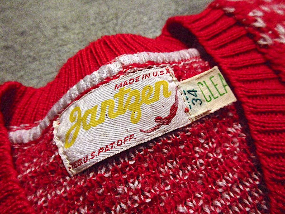 ビンテージ50's○JantzenウールジャガードVネックセーターsize 34