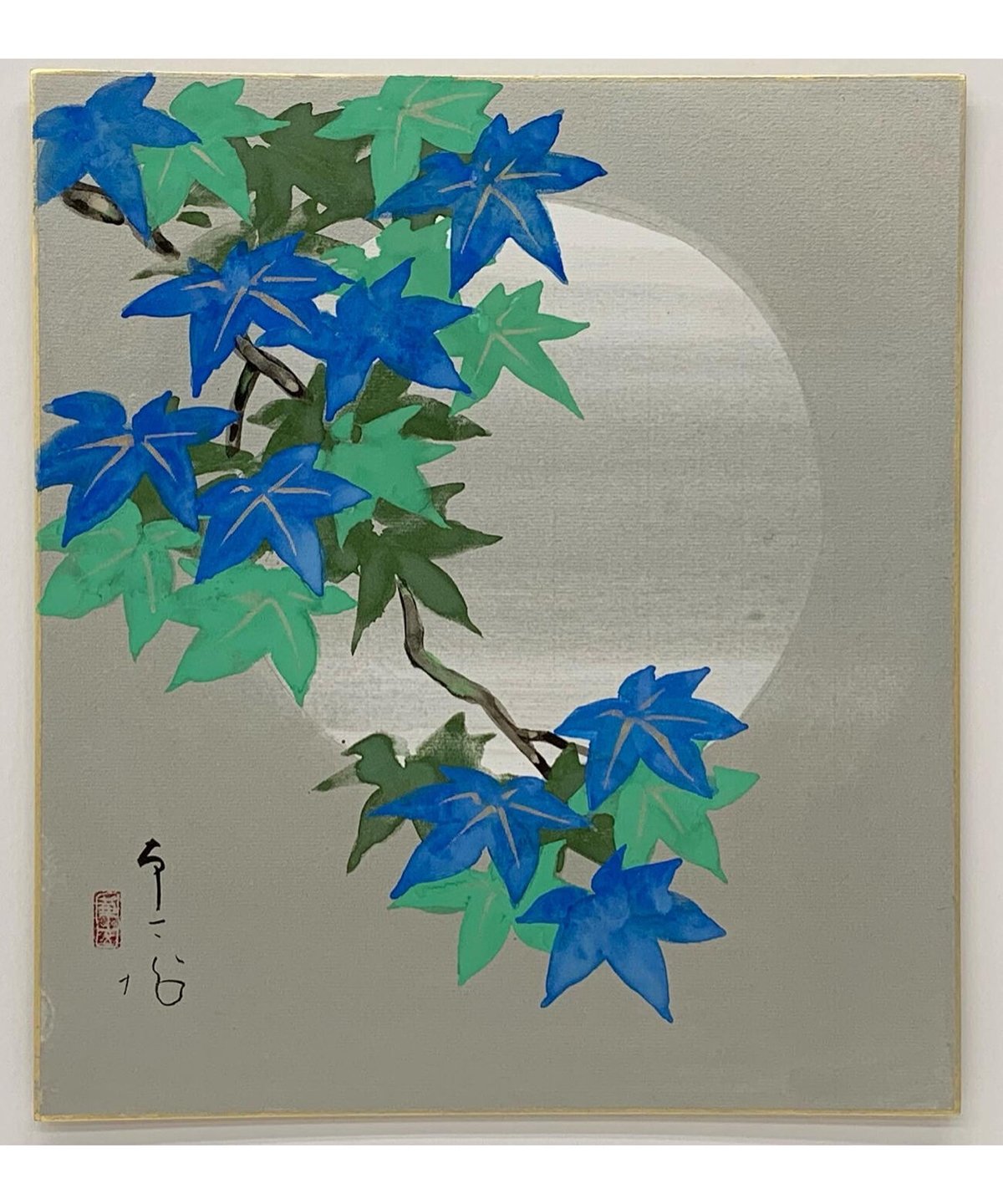 真作】絵画 三尾彰藍 日本画6号 朝陽 金泥満月の図 吉祥画 W117 真作