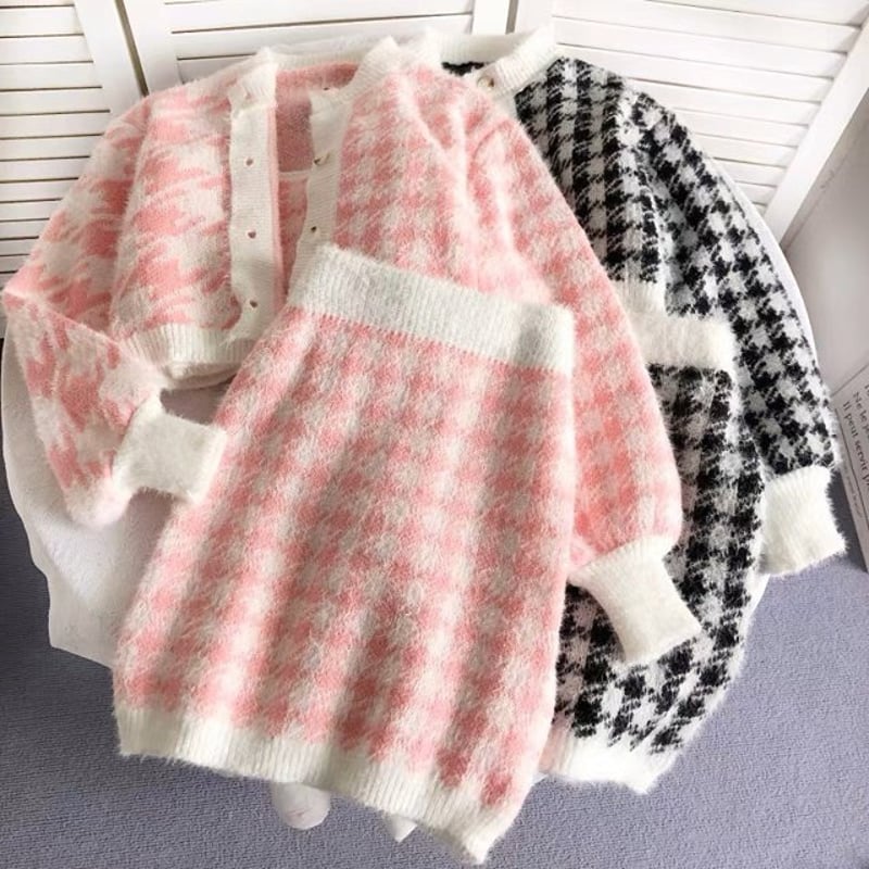 セットアップ】チェック柄 カーディガン＋ミニスカート SET UP ニット