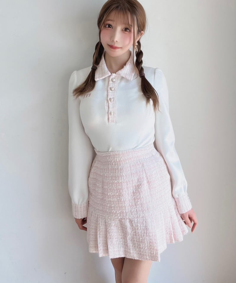 再入荷】tweed pearl button polo (pink) | ミヌエール（min