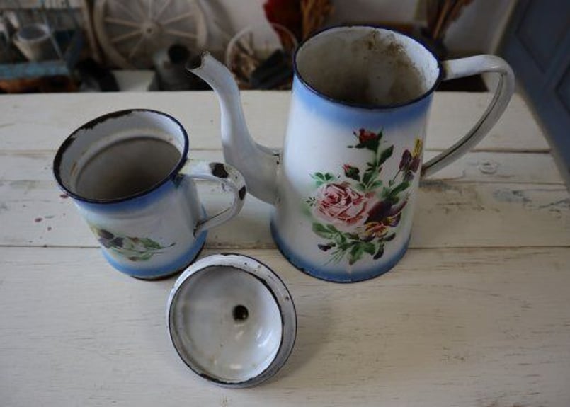 JAPY社アンティーク・ホーローポット2段（フラワー） | Antiquités et