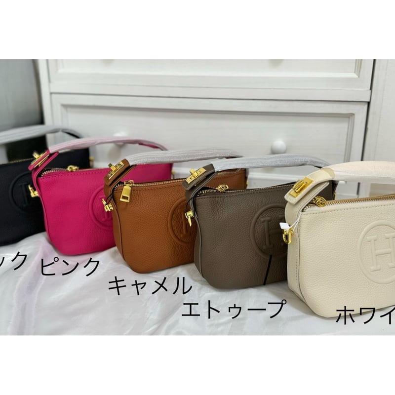予約】本革 Hロゴ 2way レザー ミニバッグ ショルダーストラップ付き