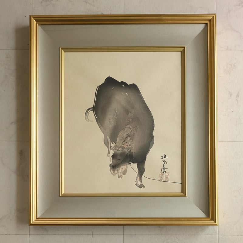 竹内栖鳳 版画（木版画） 「牛」 豪華・高級額装 芸艸堂 明治期彫