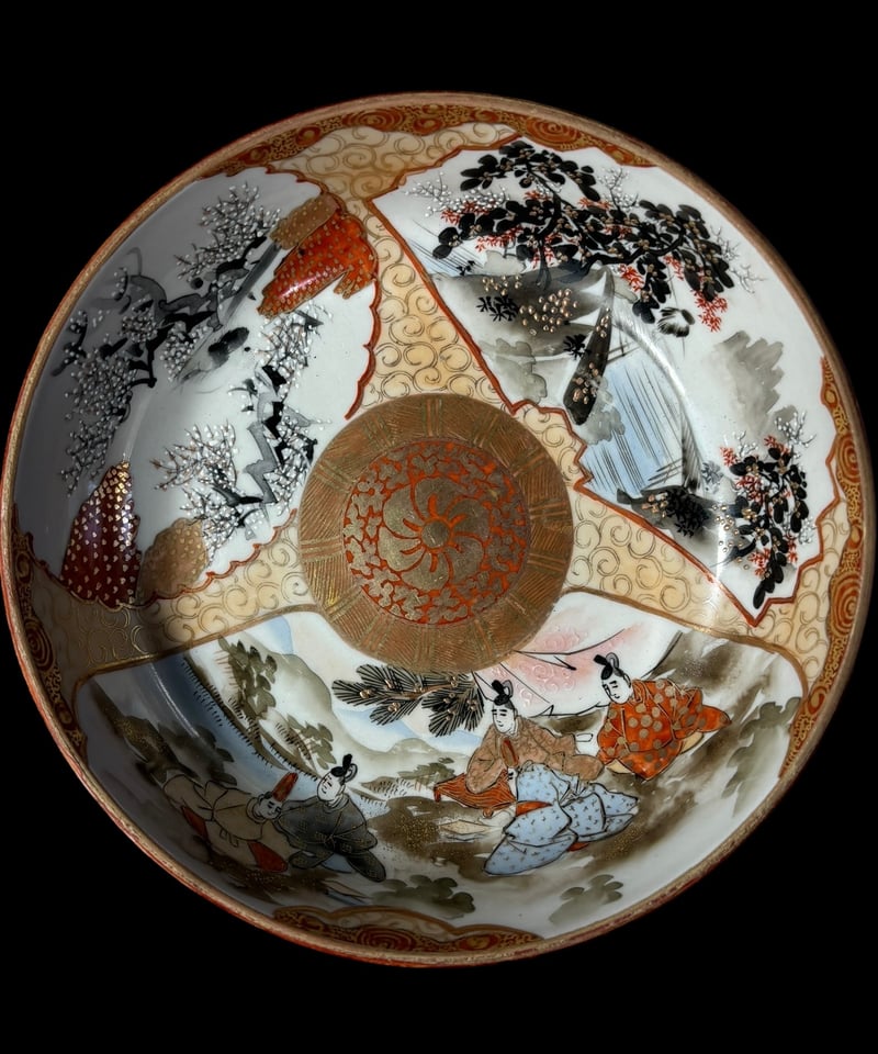 希少!!】九谷造 色絵 金彩 [松竹梅鳥文風景窓絵 粉彩人物絵] 大皿 平皿