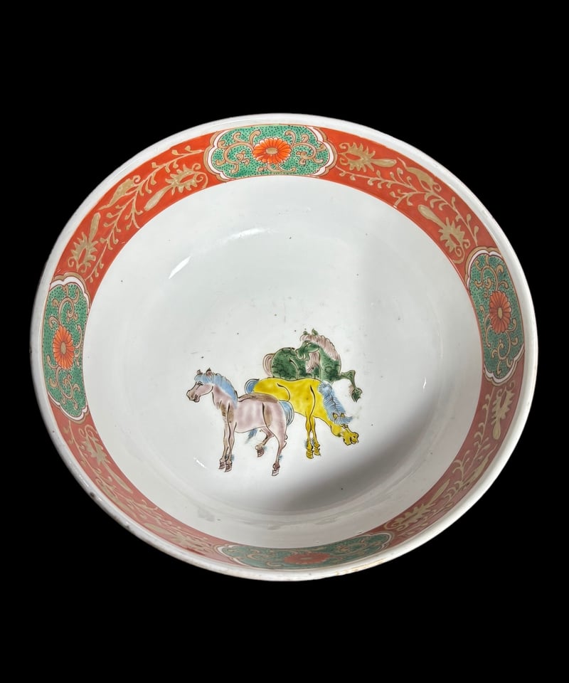 色絵 大鉢 [馬 雲 紋 花柄] 盛り皿 飾り皿 大皿 大深鉢 中華風 和食器