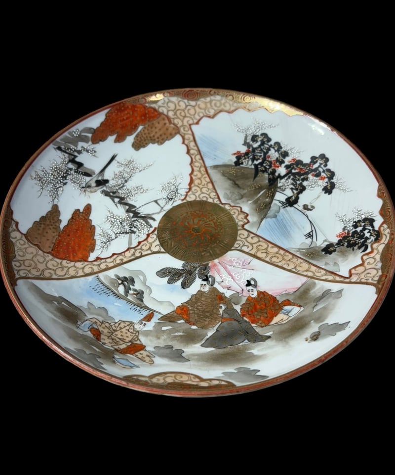 希少!!】九谷造 色絵 金彩 [松竹梅鳥文風景窓絵 粉彩人物絵] 大皿 平皿