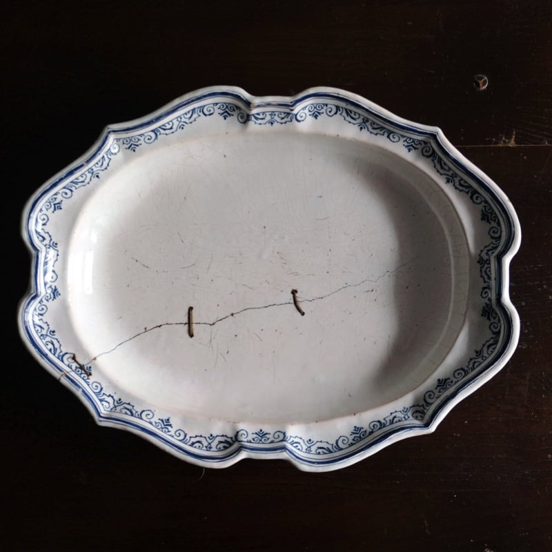 Moustiers ムスティエ 鎹 修繕 花リム オーバル皿 楕円皿 フランス