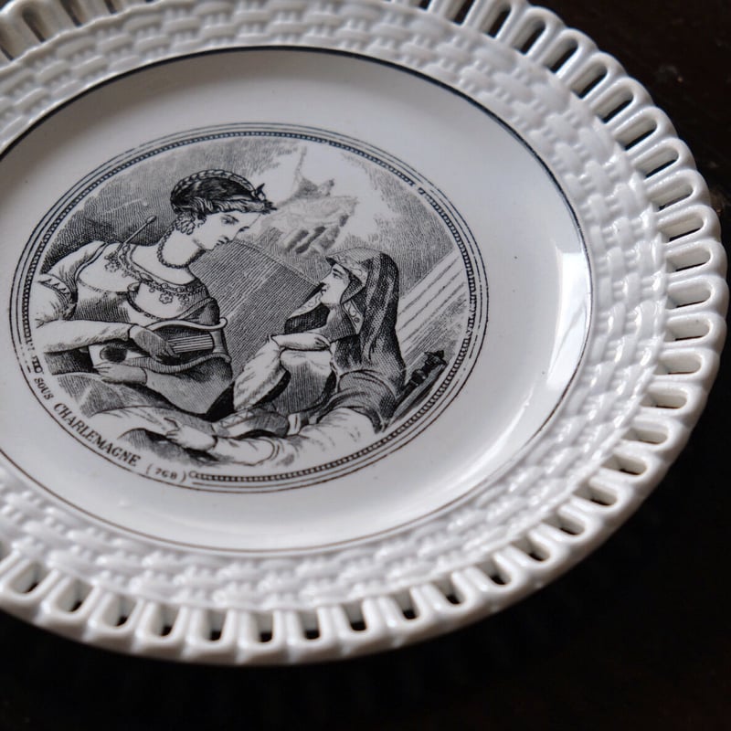 ロンウィ Longwy パニエ グリザイユ 平皿 φ19.4cm フランス