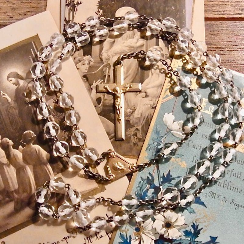 フランス アンティーク クリア ガラス ロザリオ キリスト メダイ