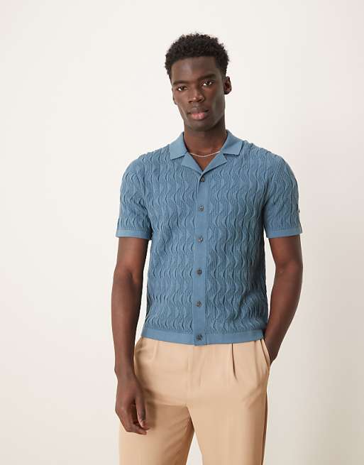 Abercrombie & Fitch short sleeve knit button-up polo in blue | ASOS