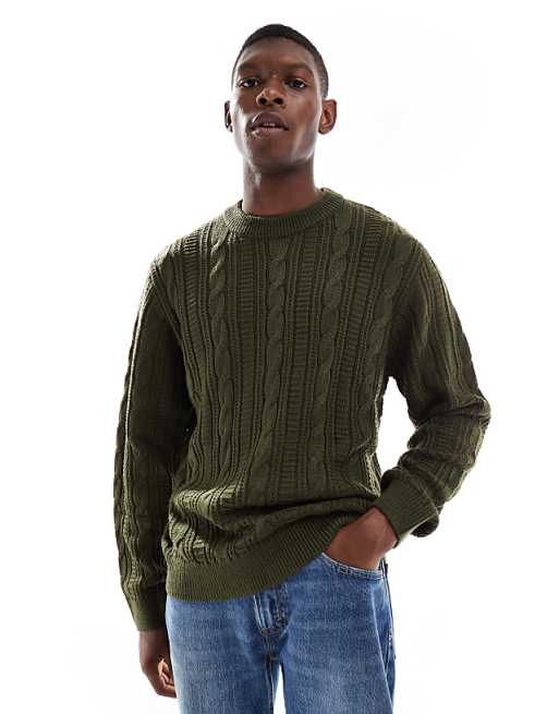 JJ Rebel cable knit sweater in green | ASOS
