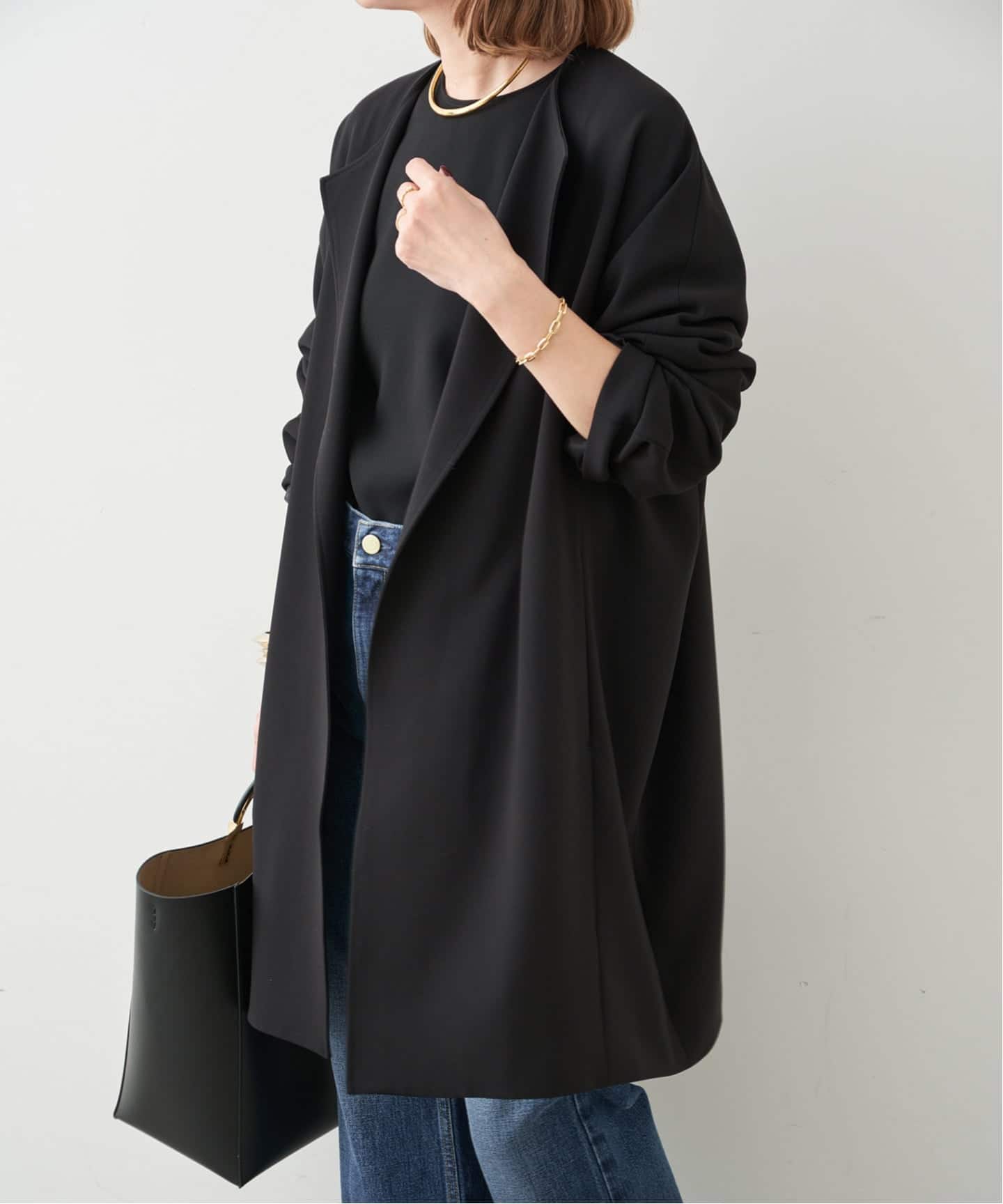 トリアセジョーゼット ノーカラー ハーフコート（ノーカラーコート