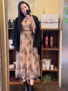 LEJA】配色パイピングプチハイネック花柄刺繍ラメレースロング丈ドレス