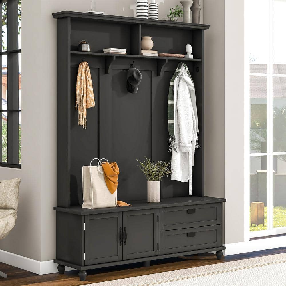 Nestfair Black Freestanding Hall Tree with Mudroom Bench, 2