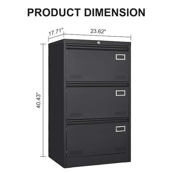 cadeninc Black 3-Drawers Metal Cabinet Lateral File Cabinet with