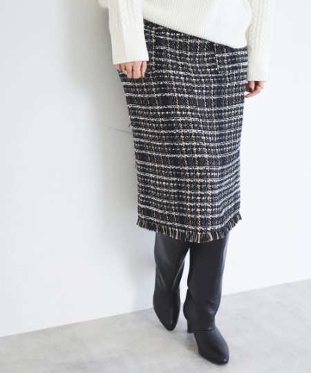PerlePecheファンシーミックスツイードフリンジスカート/le.coeur