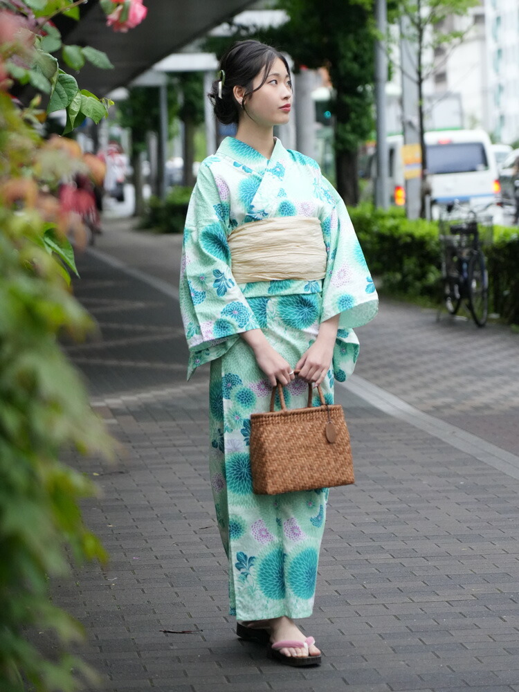浴衣3点セット 綿麻 大人 モダン シック 浴衣 帯 下駄 セット 涼しい