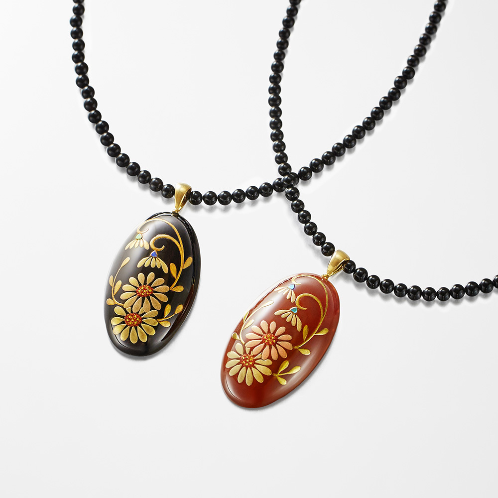 18金 江戸蒔絵 螺鈿 天然石 赤メノウ オニキス ペンダント ネックレス