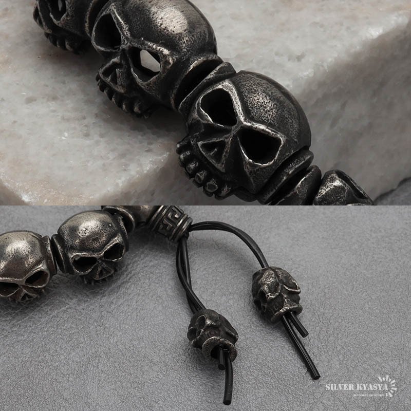 サージカルステンレス316L ドクロ 数珠ブレスレット シルバー 燻し風