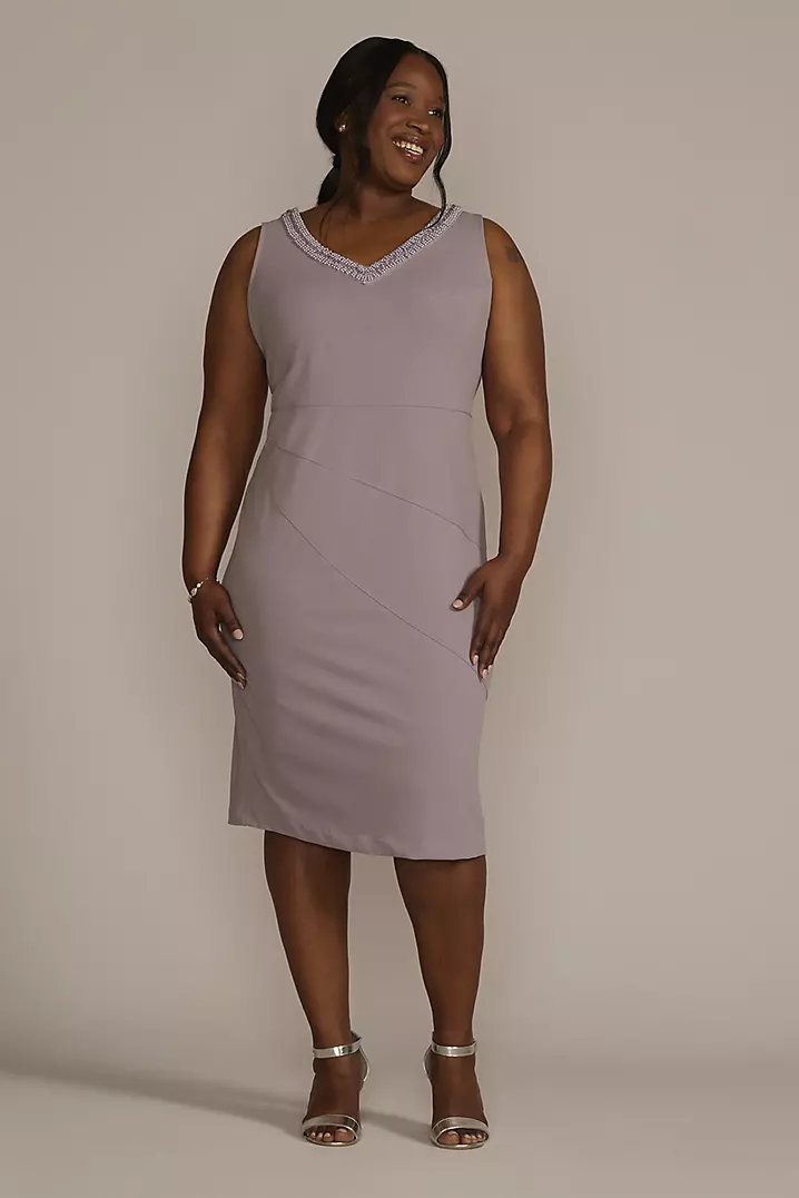 Short Beaded V-Neck Dress with Sheer Sleeve Jacket | David's Bridal