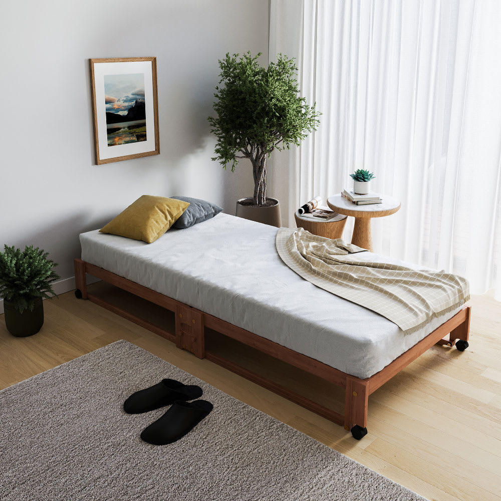 折りたたみ式ひのきすのこベッド シングル ブラウン「訳あり・外装不良