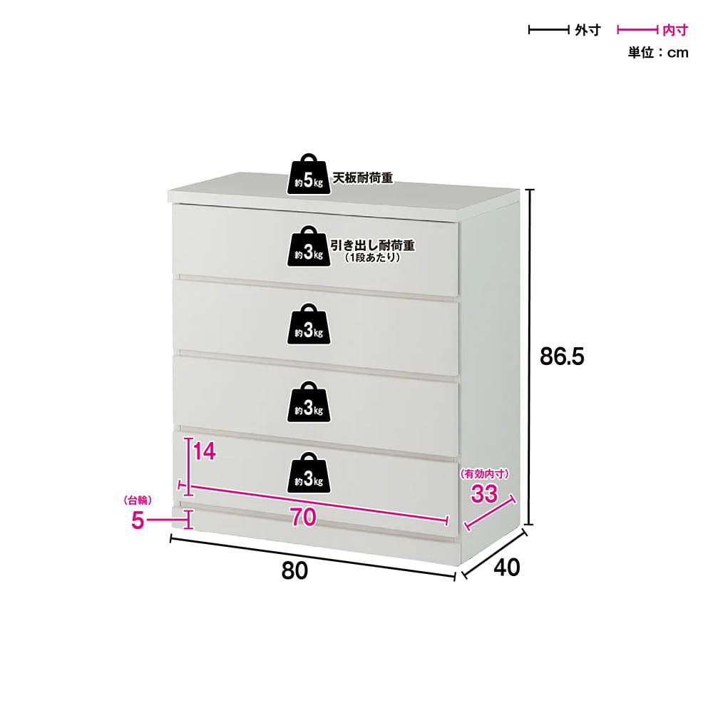隠しキャスター付きチェスト 4段・高さ86.5cm幅80cm奥行40cm 通販