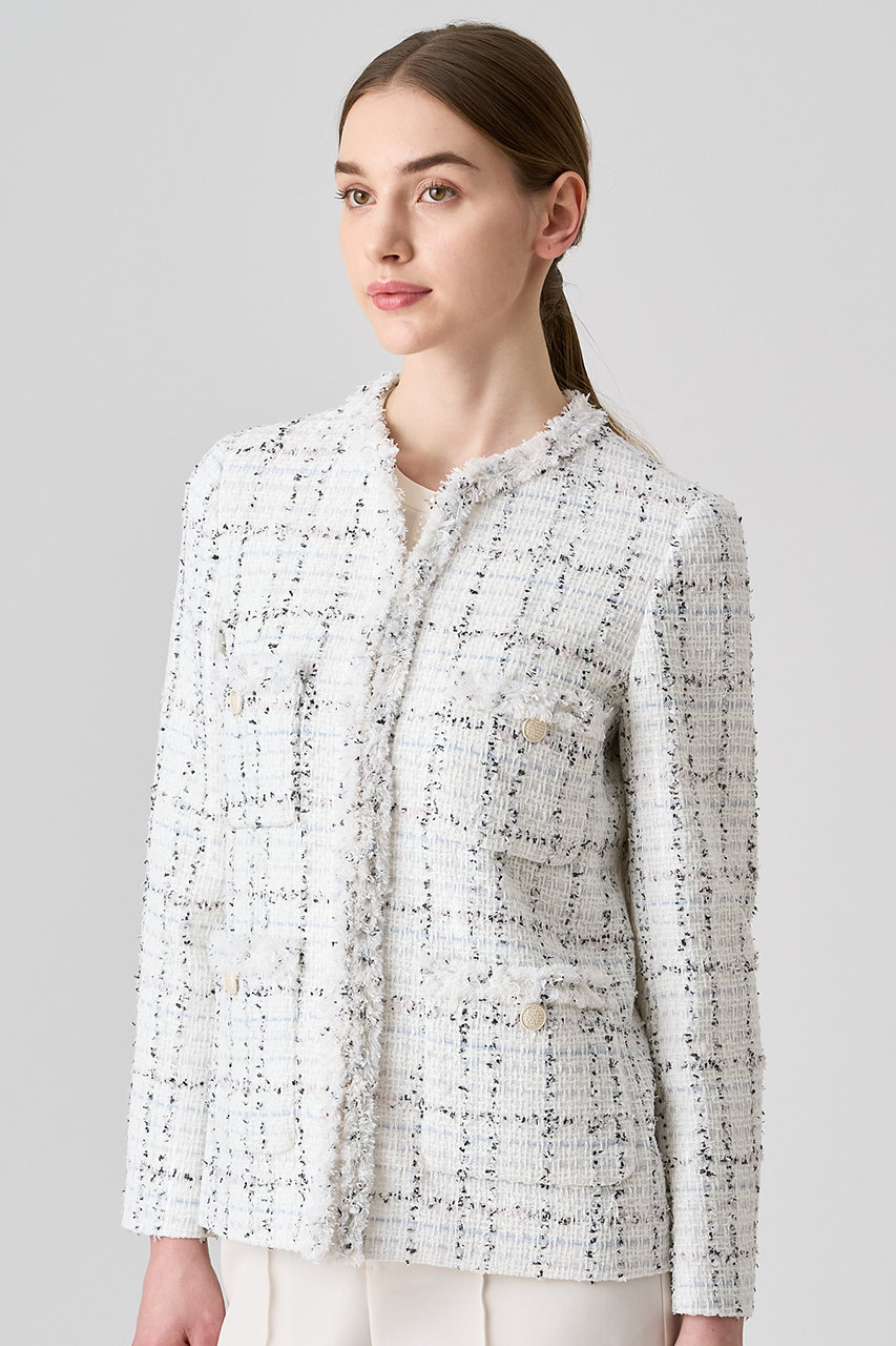 ANAYI(アナイ)｜ミックスツイードロングノーカラージャケット/ホワイト