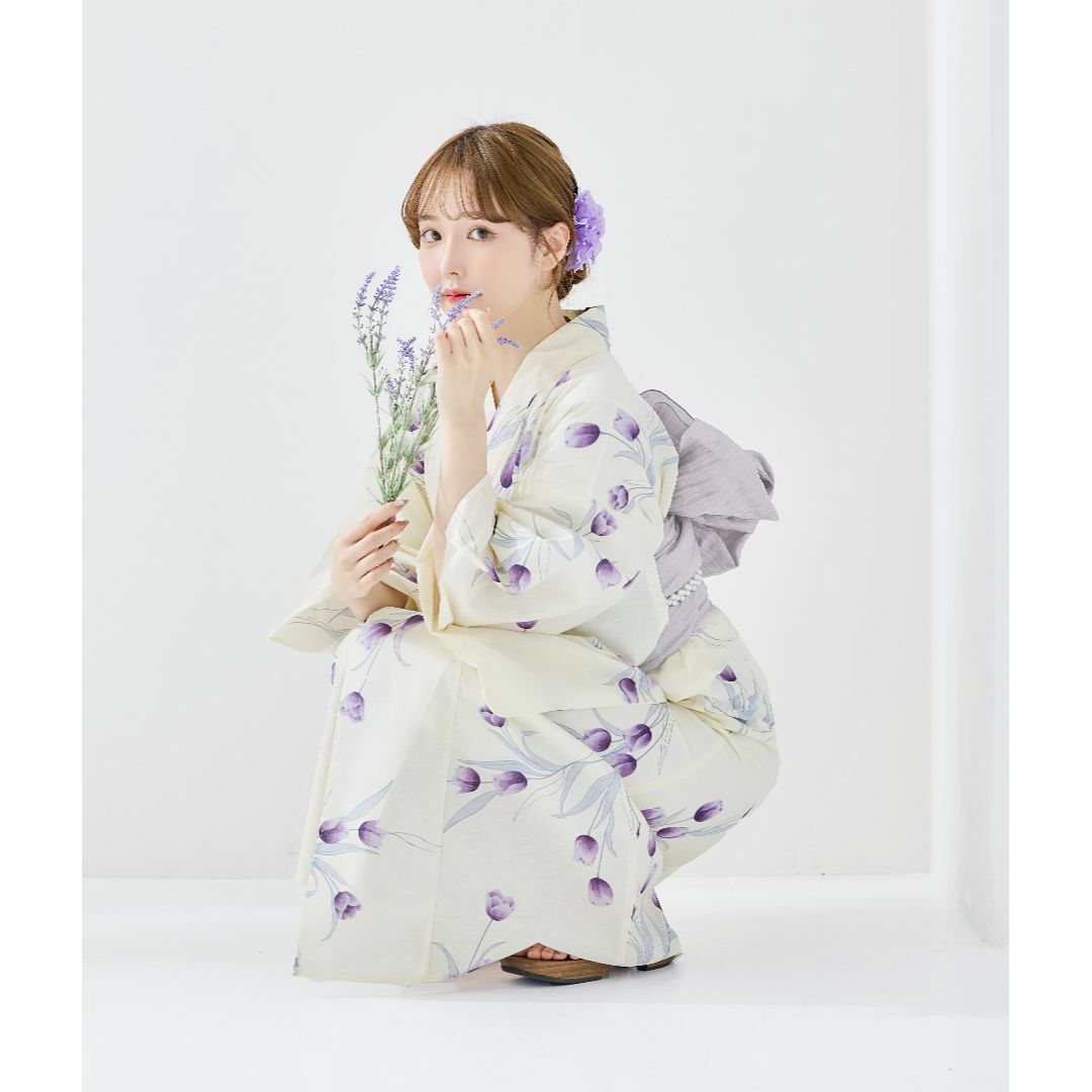 花柄浴衣・帯セット（白地・紫帯）